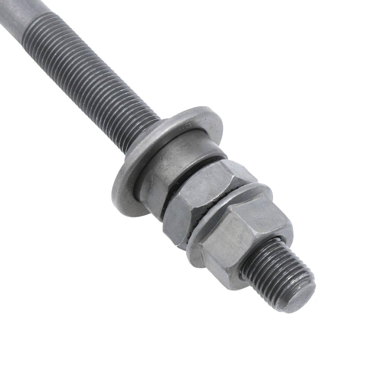 Rear hub axle bolt with threaded shaft and hex nut, gray metal with black ring
