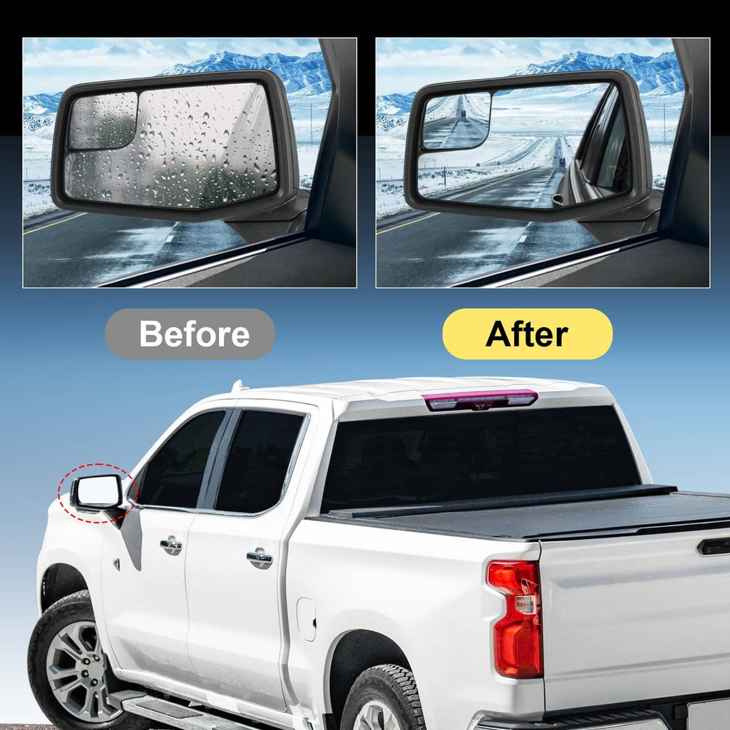 Left door mirror with water droplets on the glass over a pickup truck rear
