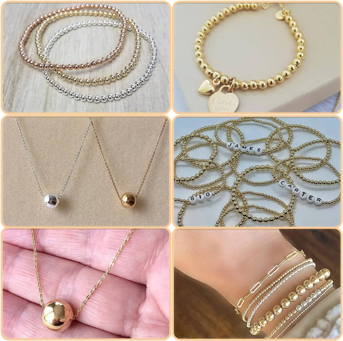 Gold-filled rondel jewelry pieces: layered chains, bracelets, and a small pendant bead