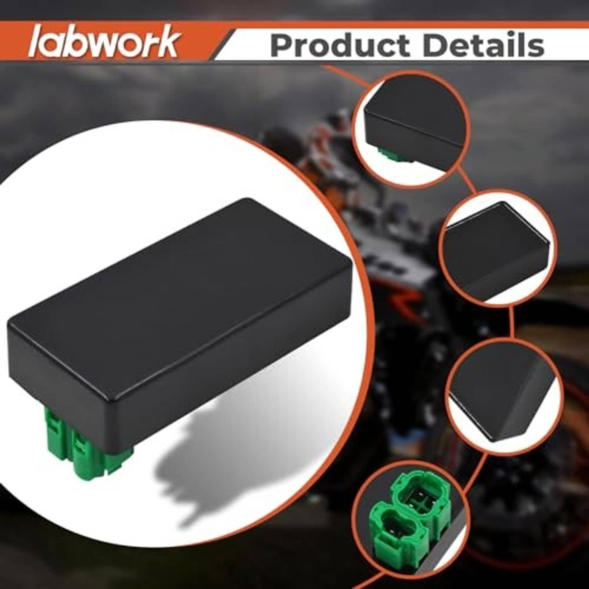 Black CDI module box top and green connector detail, close-up.
