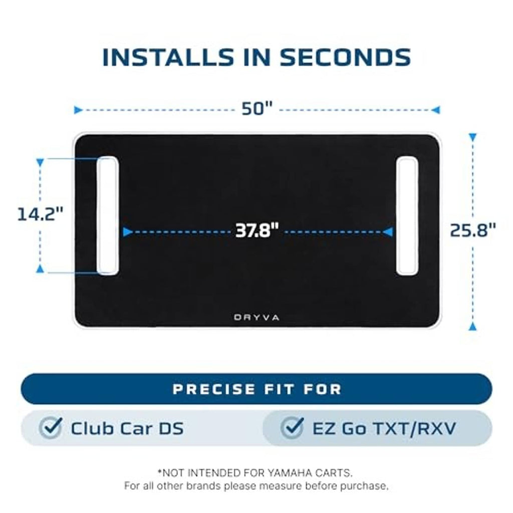 Waterproof seat cover size diagram with side straps and DRYVA logo on black cover