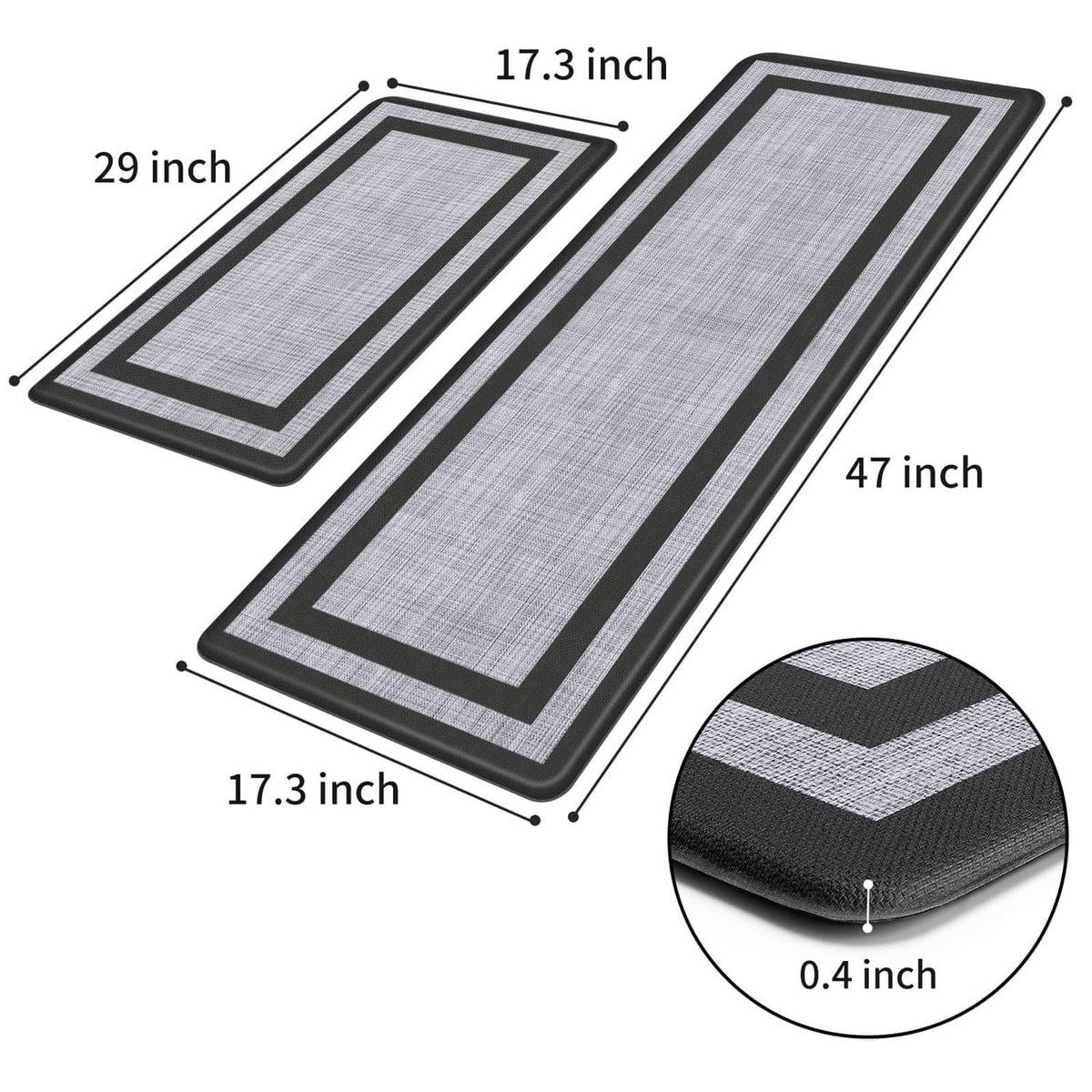 Kitchen mat set with black borders and light gray woven-look surface; 17.3 in x 47 in