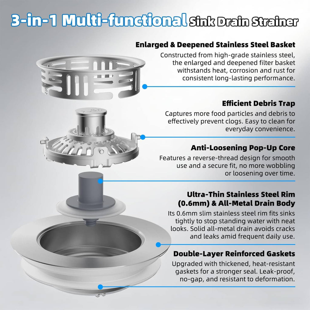3-in-1 kitchen sink drain strainer and stopper set, multi-part stainless steel