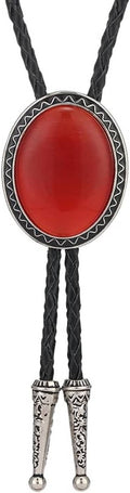 Men’s bolo tie: black braided cord, red oval stone in silver-toned frame