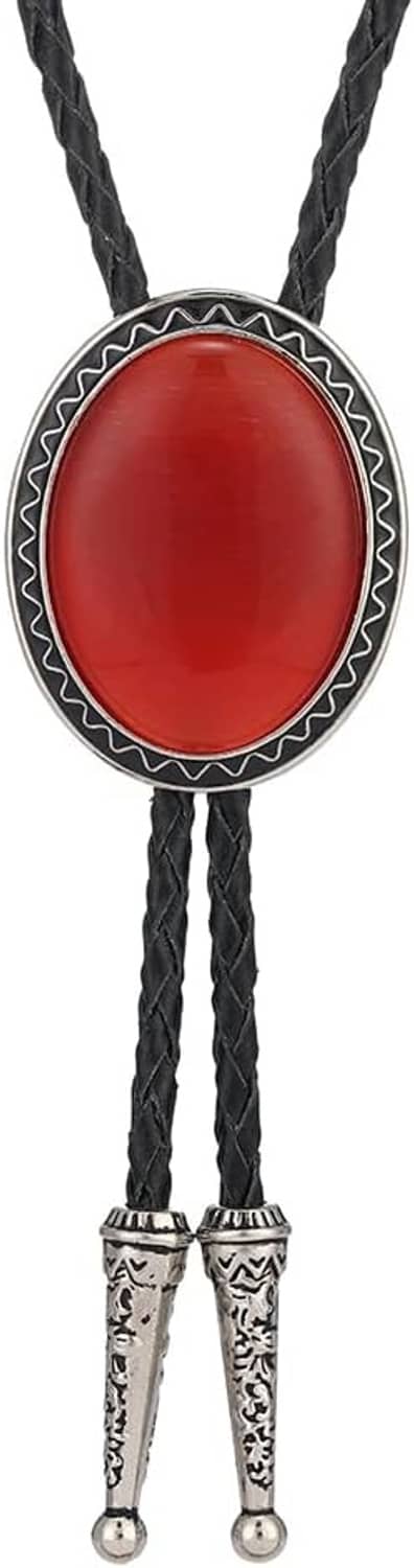 Men’s bolo tie: black braided cord, red oval stone in silver-toned frame