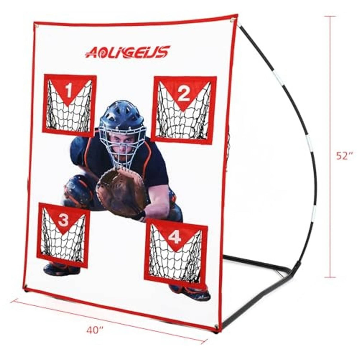 Baseball pitching target net with four numbered pockets on red frame, 40 x 52 in