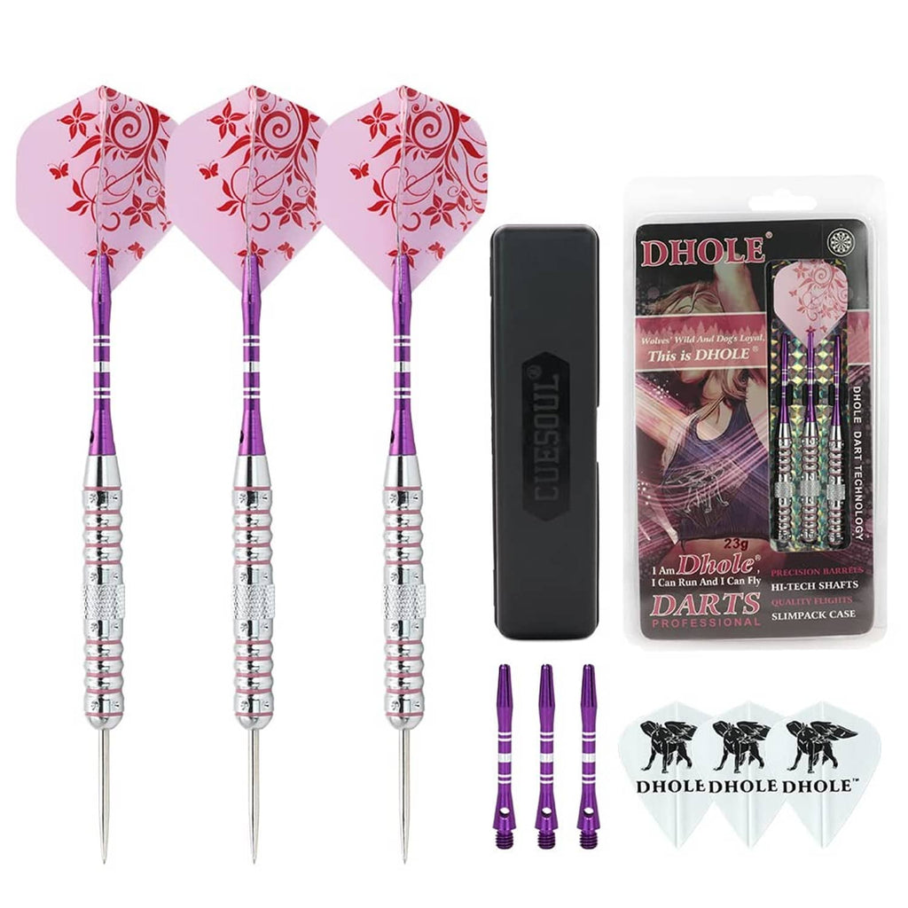 Steel tip dart set with pink floral purple flights, silver barrels, and a protective sleeve