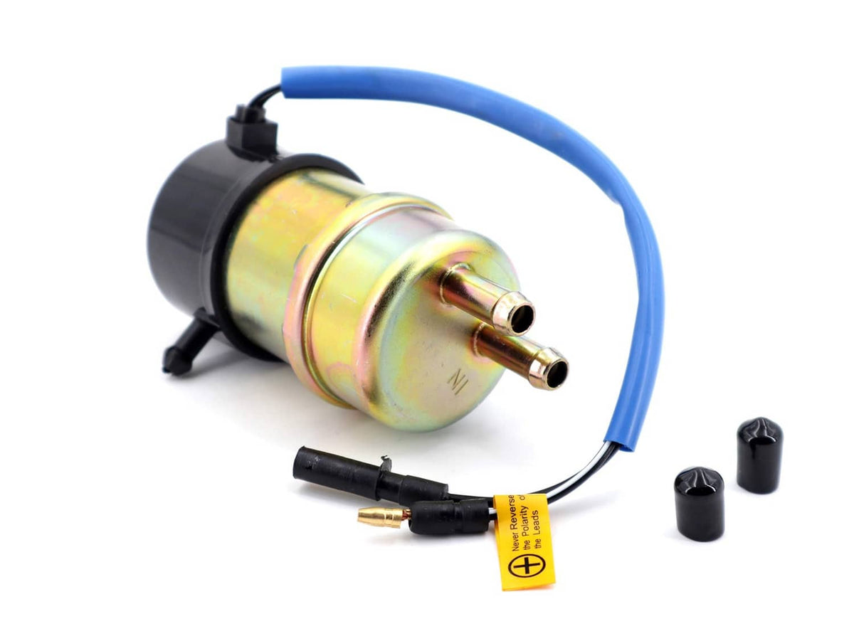 Electric fuel pump with blue hose, metallic ports, black body, and included caps