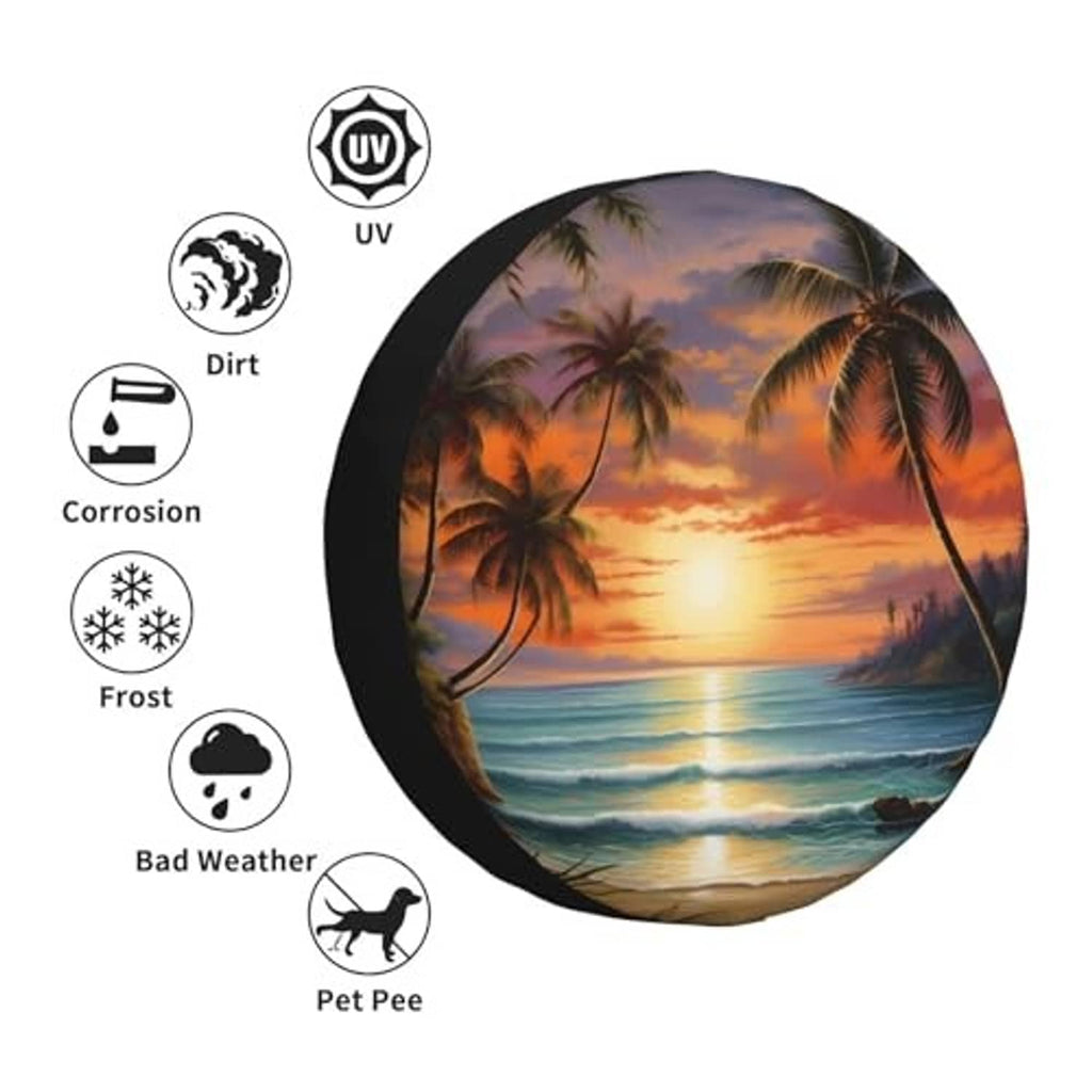 Weatherproof spare tire cover with UV, waterproof, and dirt protection icons