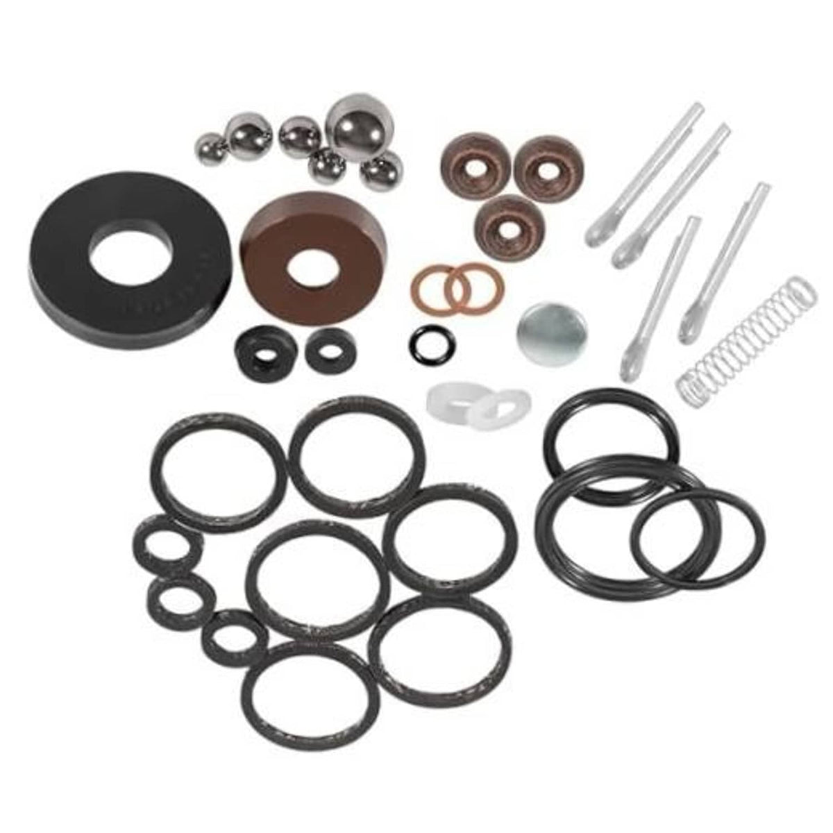 Floor jack seal replacement kit with rubber seals, O-rings, washers, and metal balls
