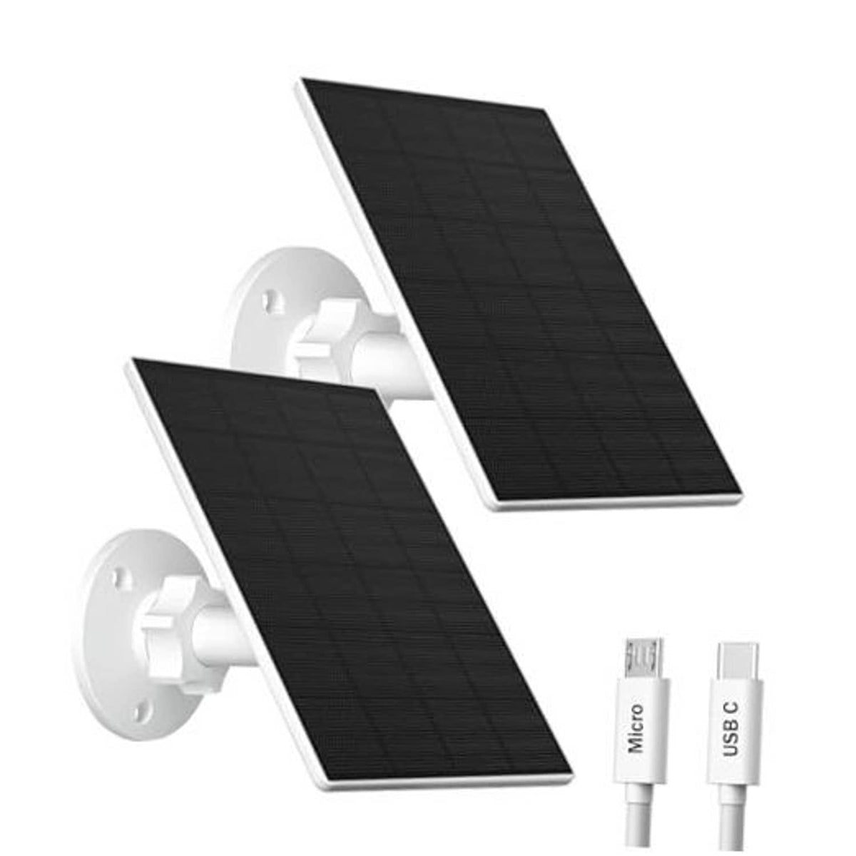 Solar panel charging kit with two black panels, white wall mount, Micro USB and USB-C cables