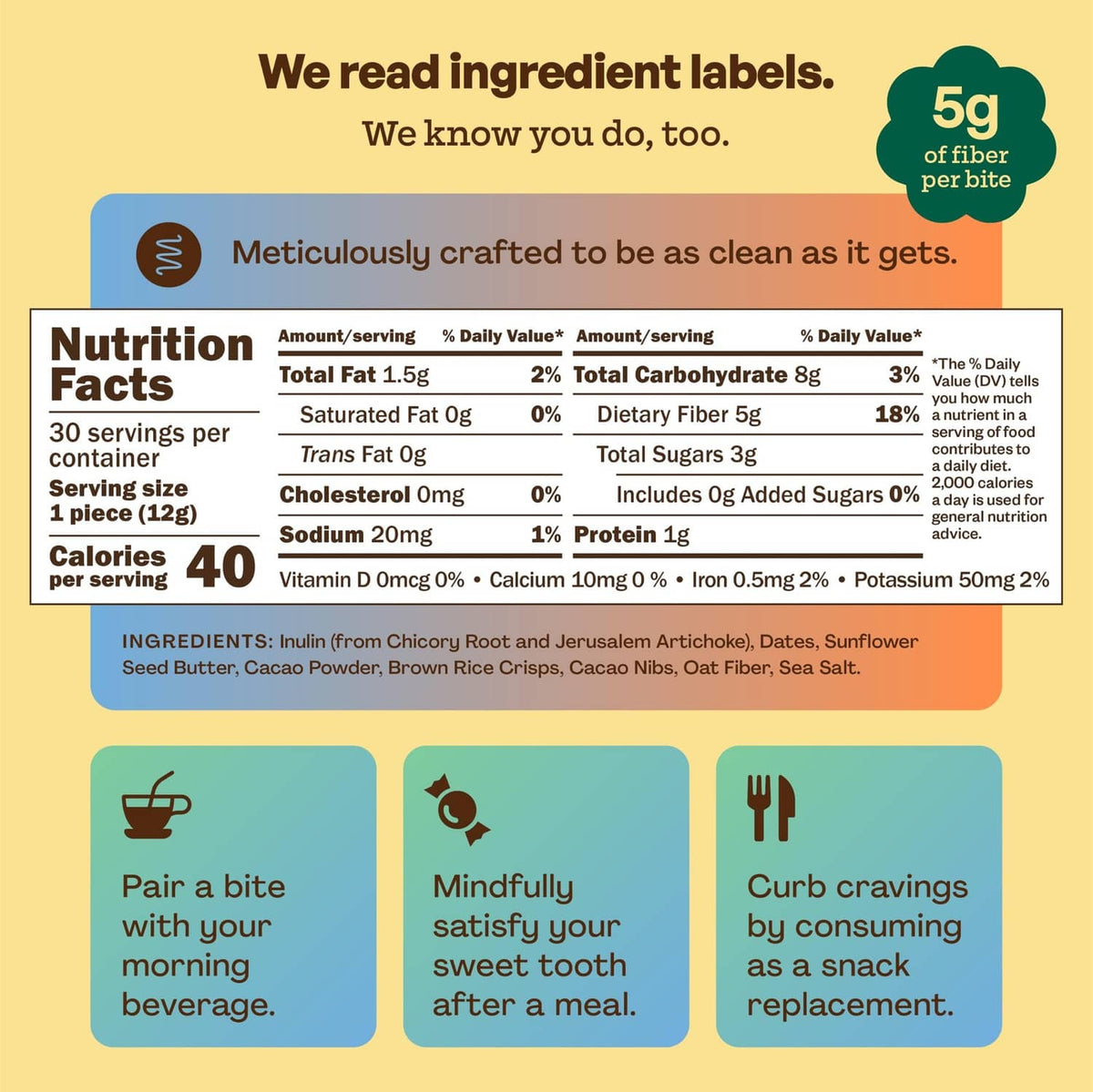 FiberBites nutrition facts panel showing serving size and 5g fiber