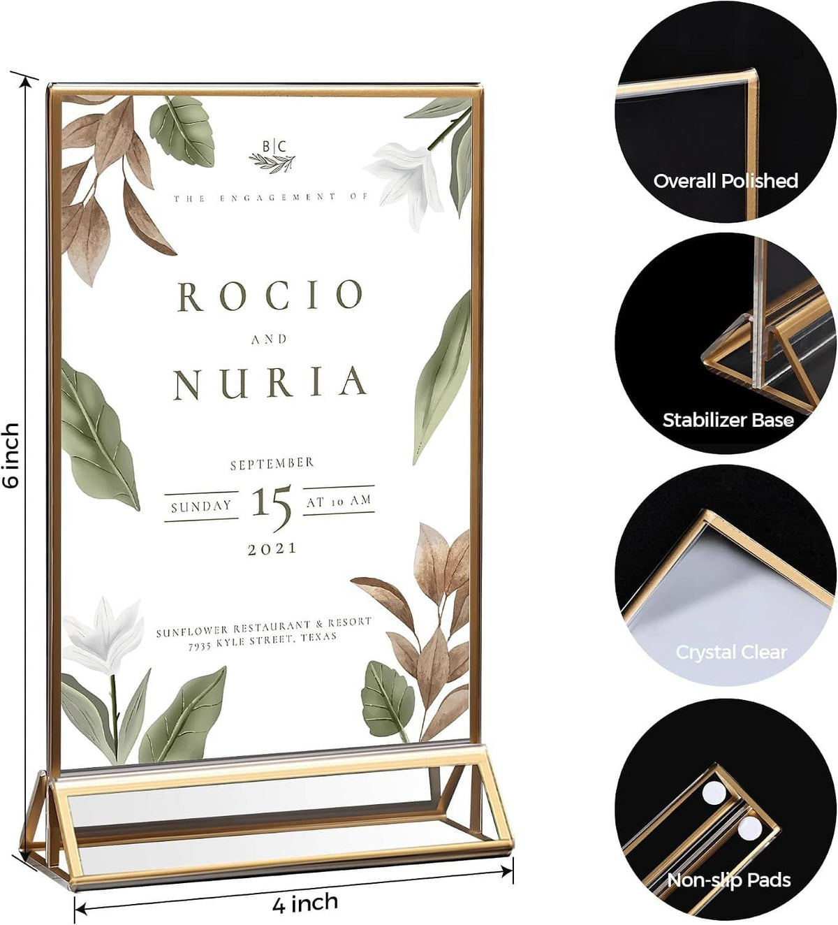 Gold 4x6 acrylic sign frame with stabilizer base and non-slip pads, upright on tabletop