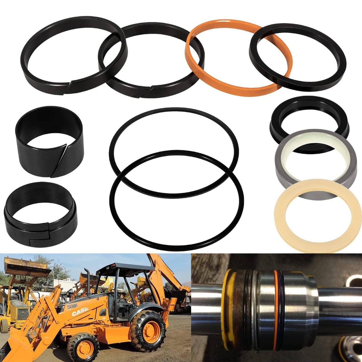 Hydraulic cylinder seal kit with multiple black, orange, and cream O-rings