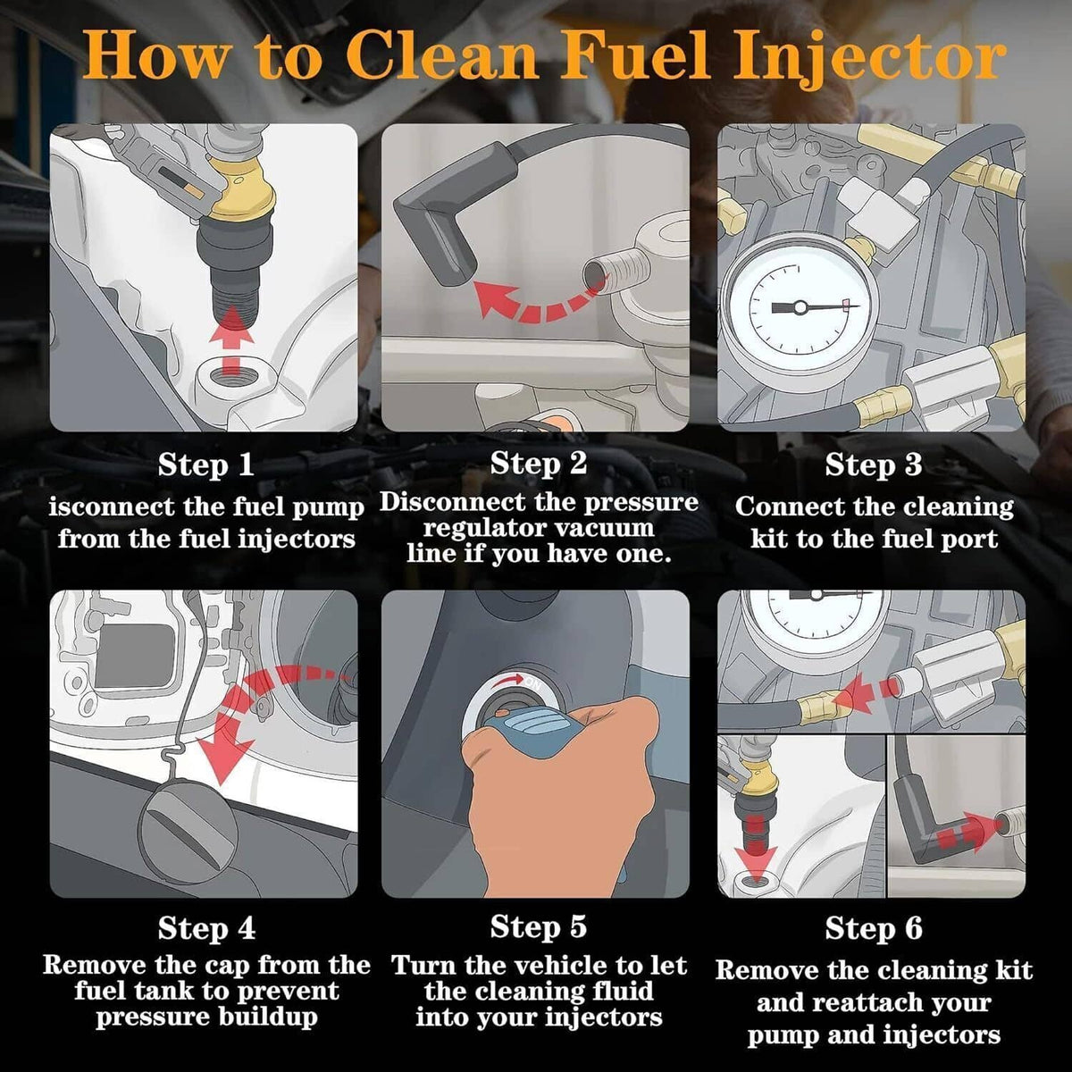 Fuel injector cleaning steps diagram showing fuel line and injector connection points