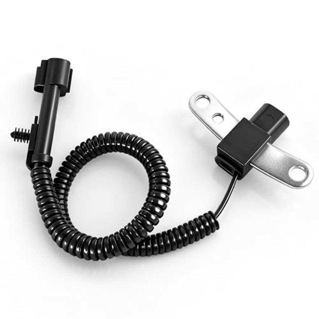 Crankshaft position sensor with coiled black wiring and silver metal mounting bracket