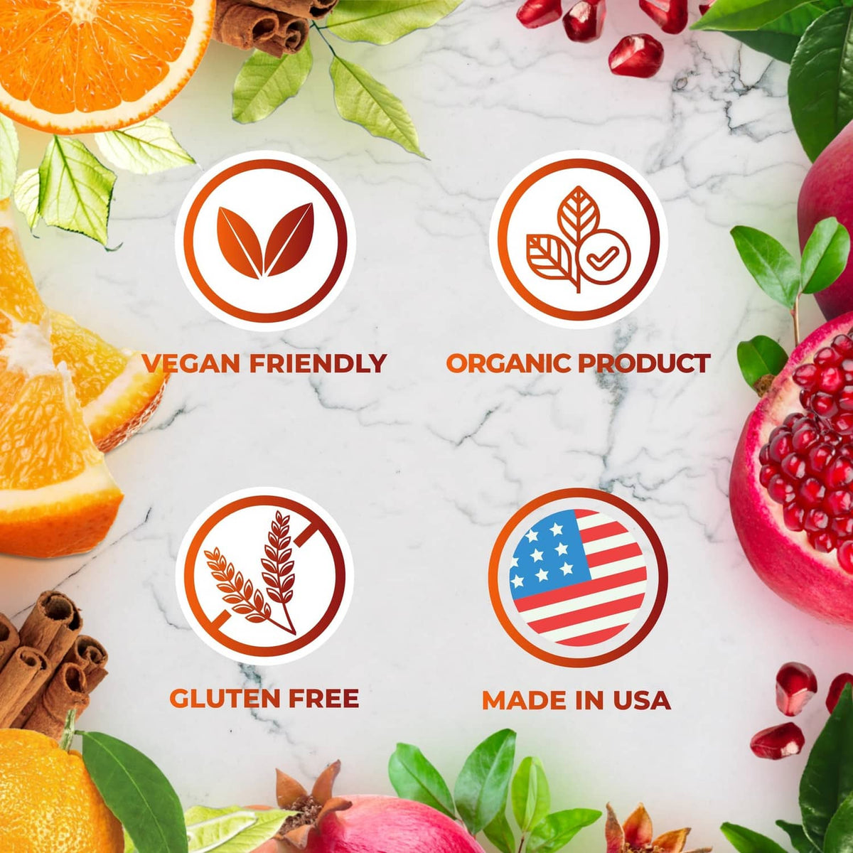 Certification icons: vegan friendly, organic product, gluten free, made in USA