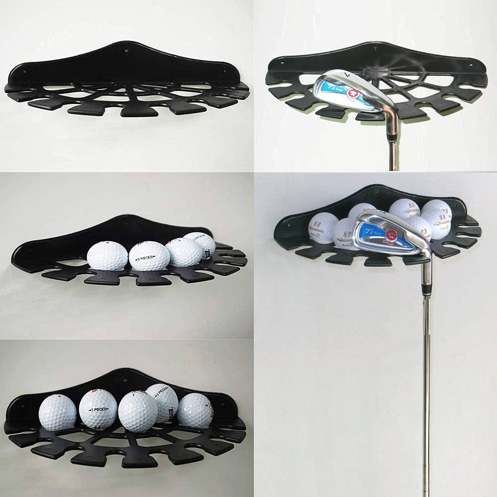 Black golf putter display rack with golf balls and club head resting on top.