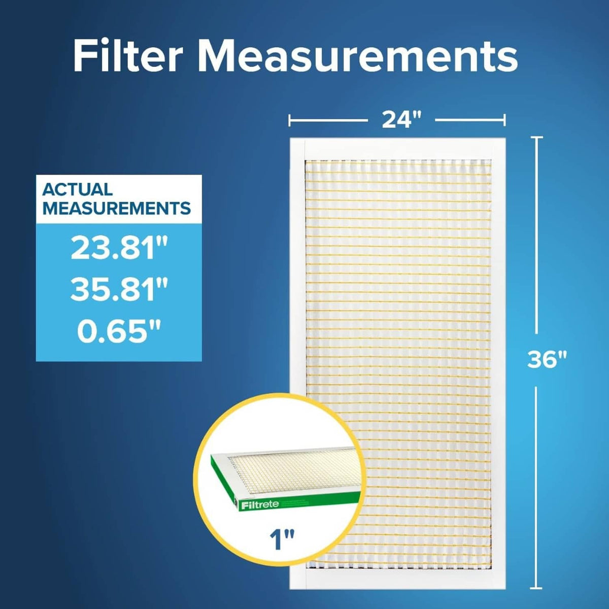 White pleated air filter panel with actual size 23.81 x 35.81 x 0.65 in