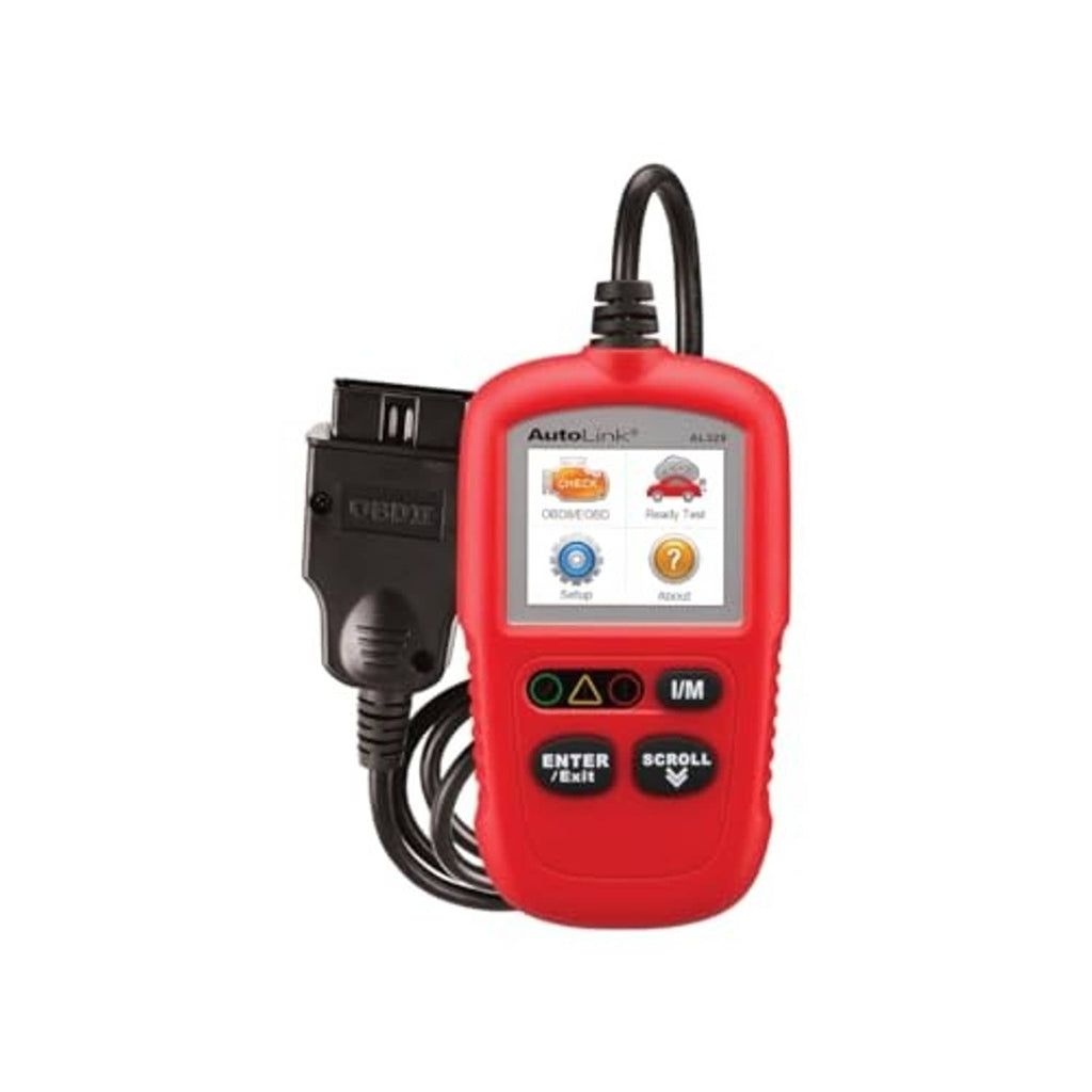 Red handheld OBDII code reader with LCD display, buttons, and dual OBD cable ends
