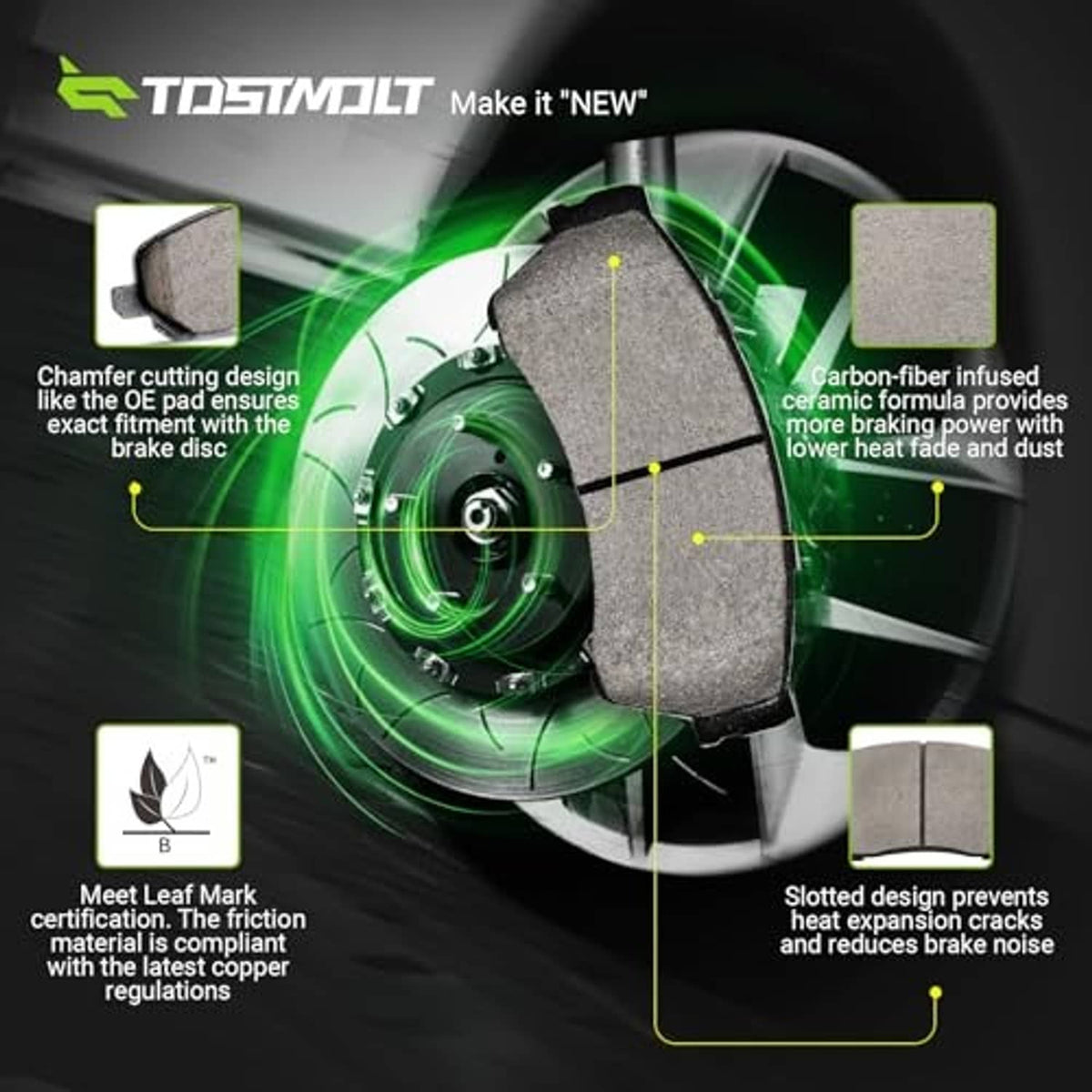 Ceramic brake pads shown on a slotted disc with cross-section callouts