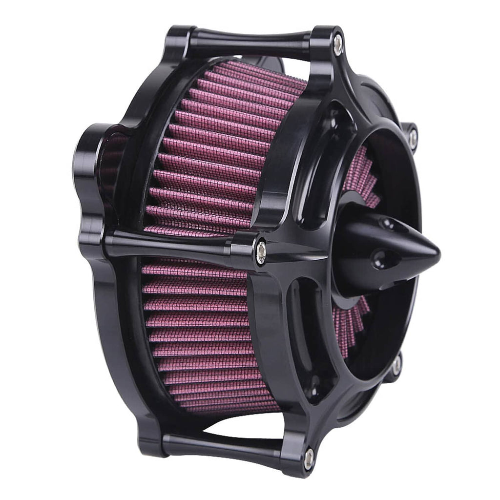 Black air cleaner intake filter with purple-red pleated cones, side profile