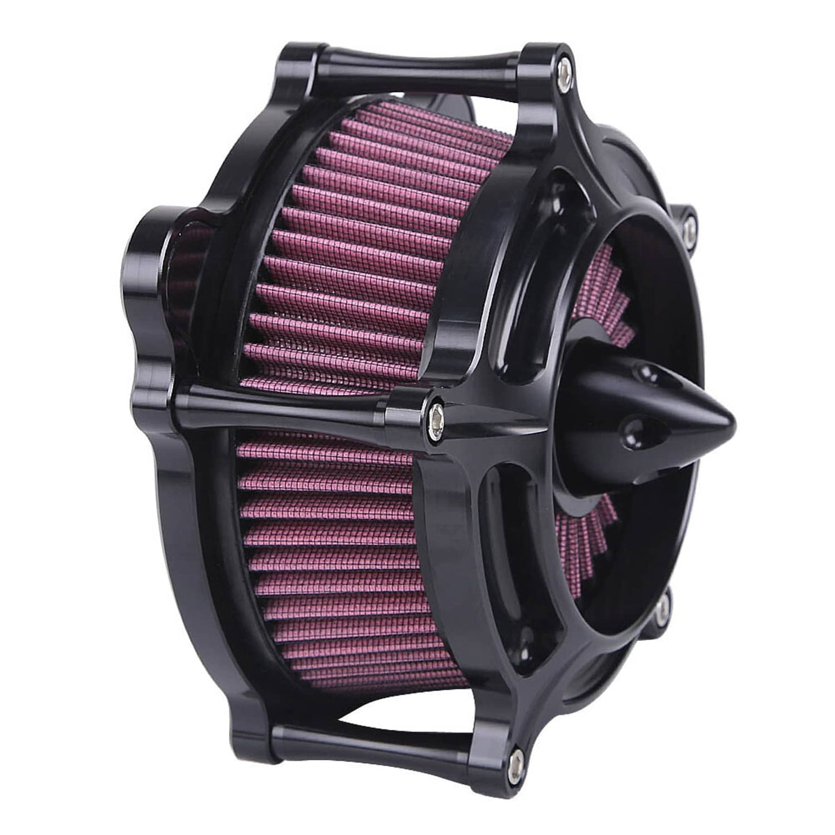 Black air cleaner intake filter with purple-red pleated cones, side profile