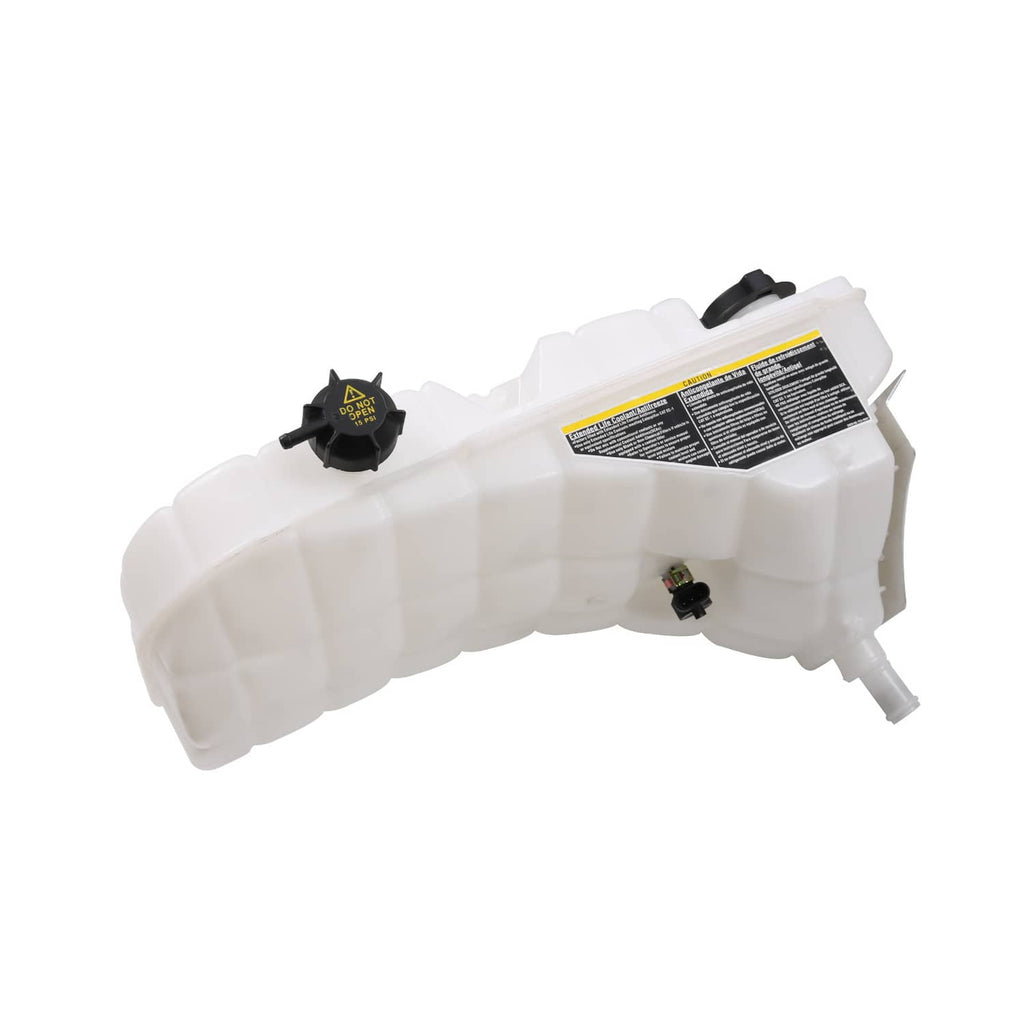 Coolant recovery reservoir tank bottle with warning label and black sensor cap, white plastic