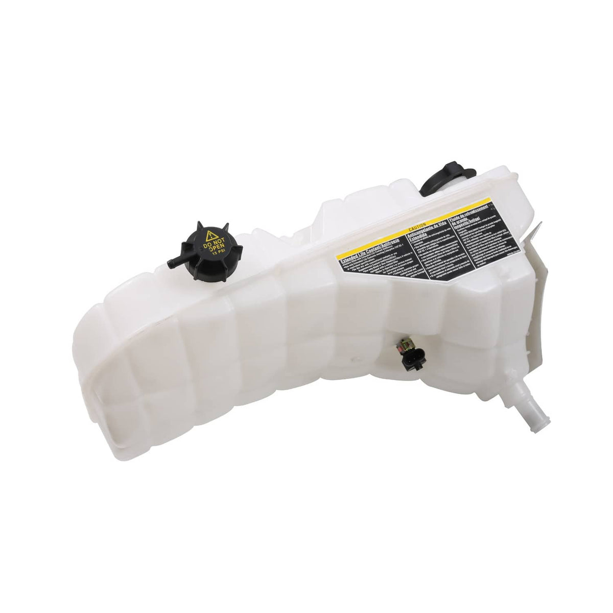 Coolant recovery reservoir tank bottle with warning label and black sensor cap, white plastic