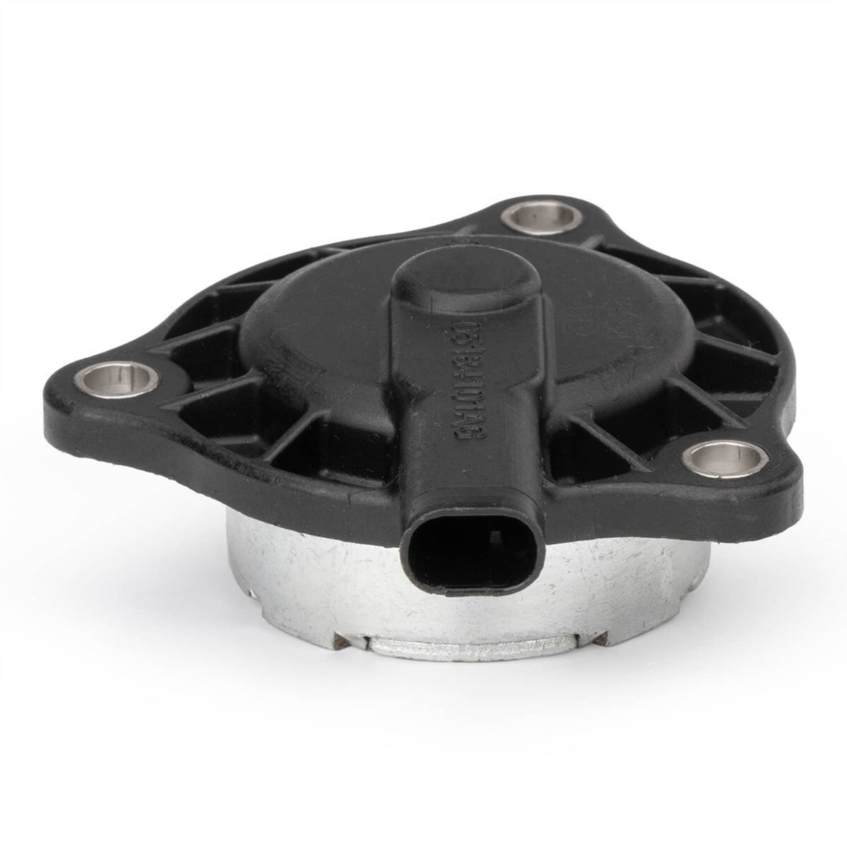 VVT solenoid valve with connector port, black top and silver base plate