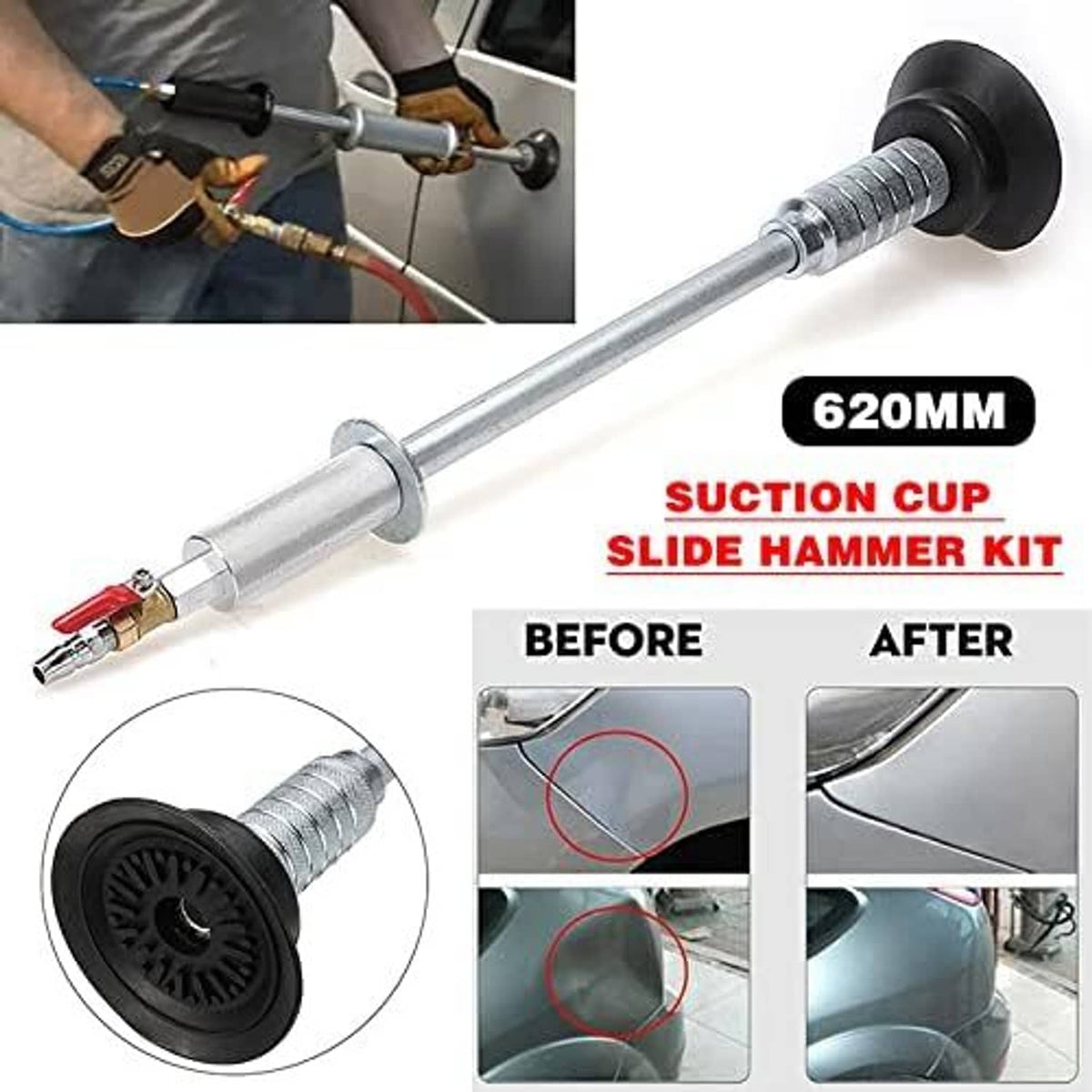 Slide hammer dent puller with non-slip black suction cup and 620mm metal pull rod