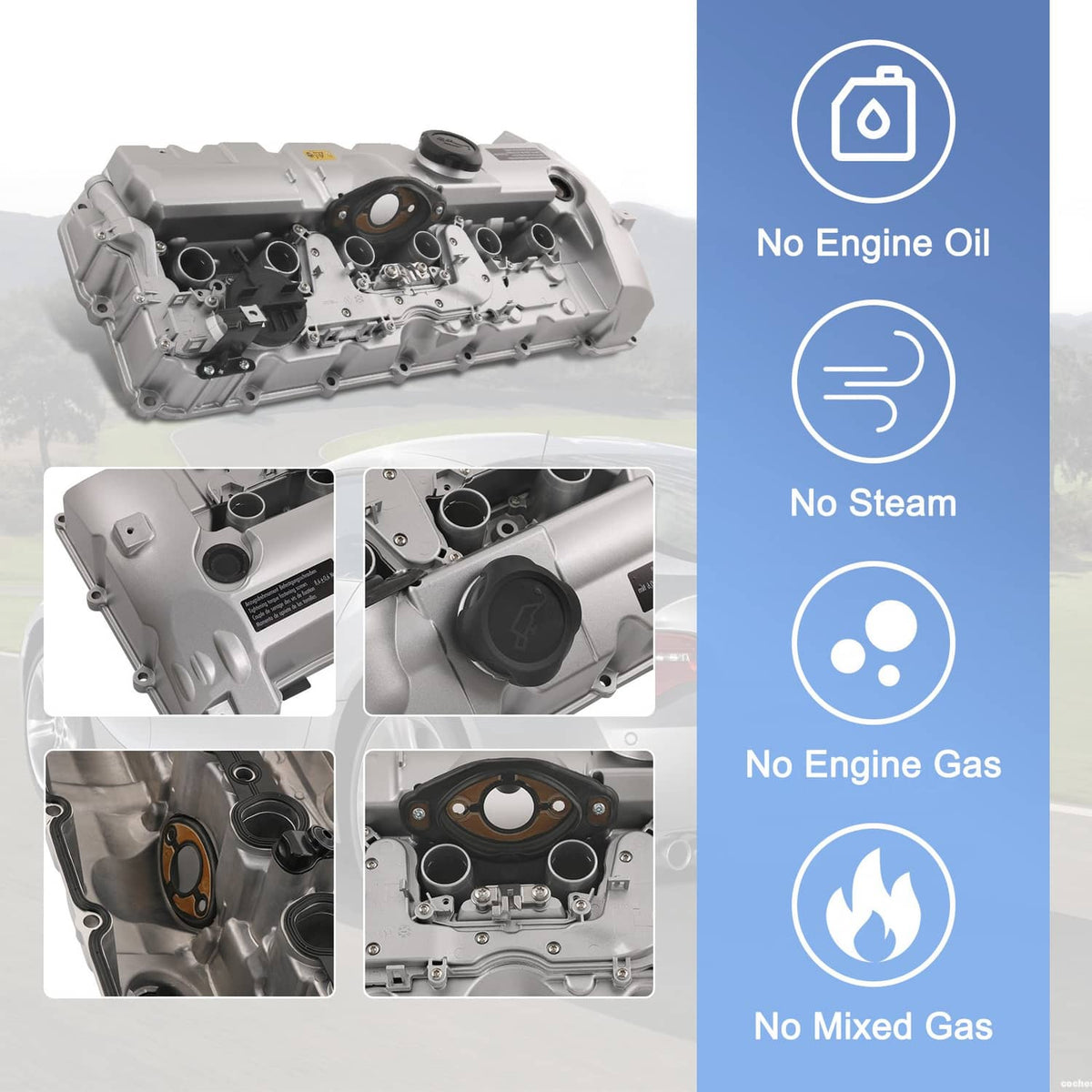Aluminum engine valve cover kit with close-up views of openings and gasket areas