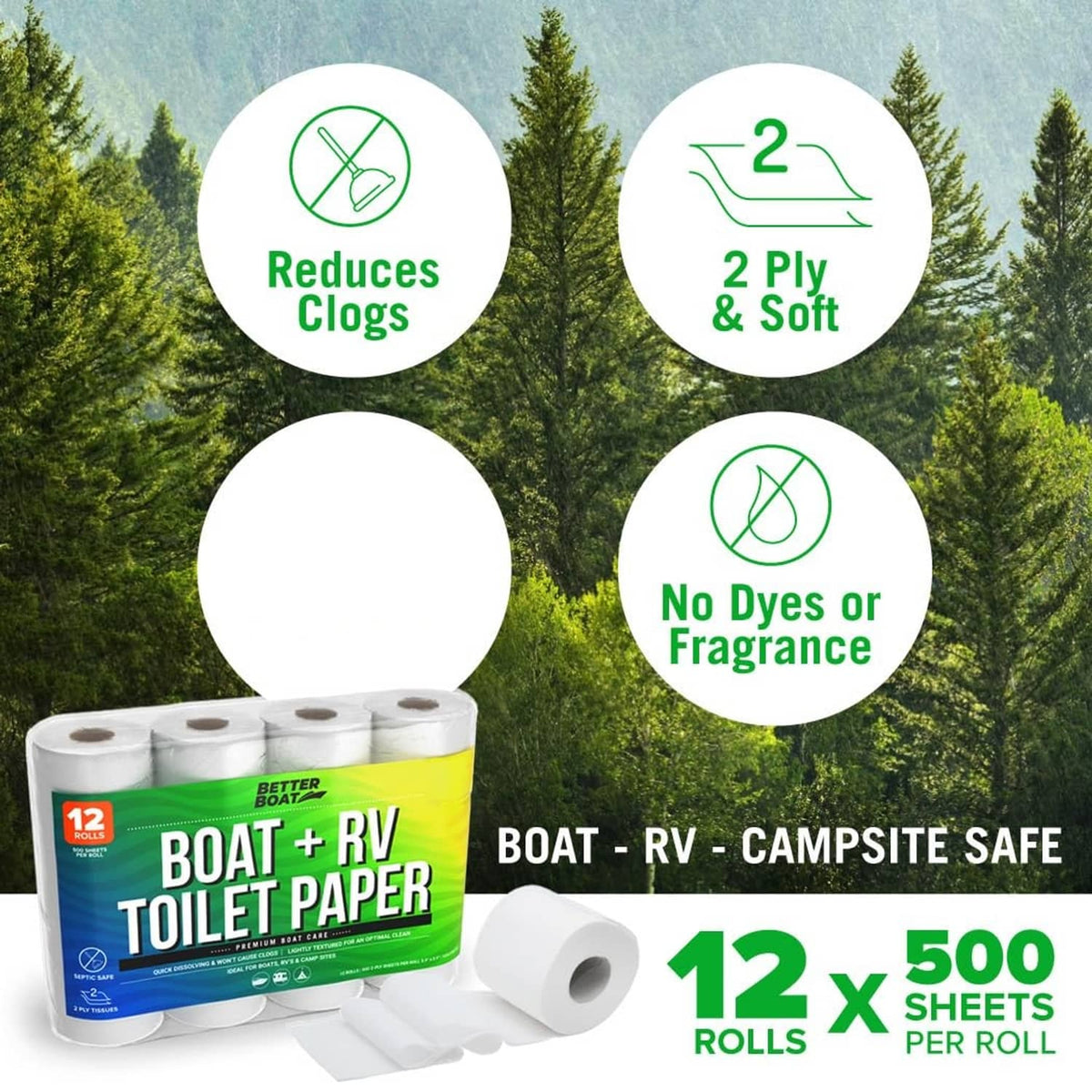 White 12-roll RV toilet paper pack, 2-ply soft, 500 sheets per roll