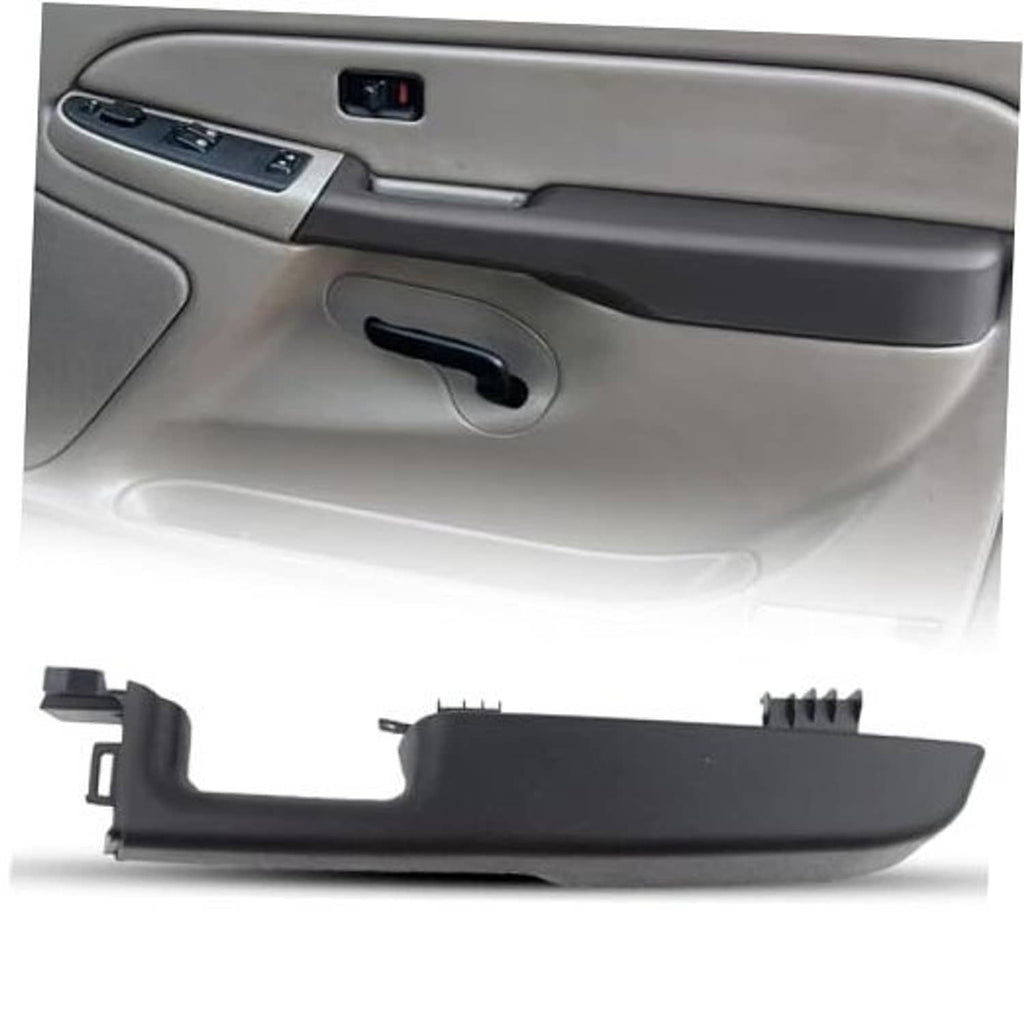 Black interior door armrest handle with switch bezel and pull opening