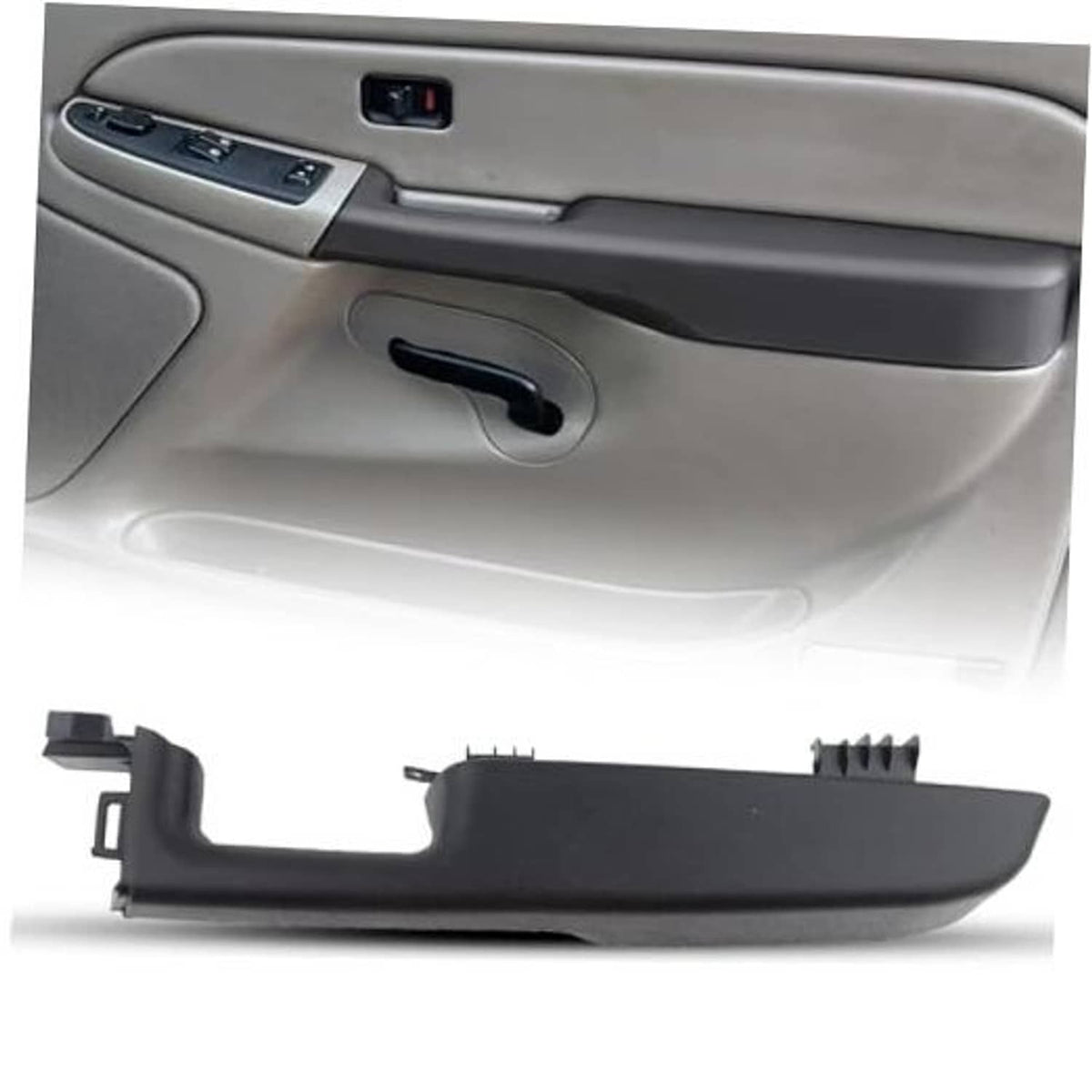 Black interior door armrest handle with switch bezel and pull opening