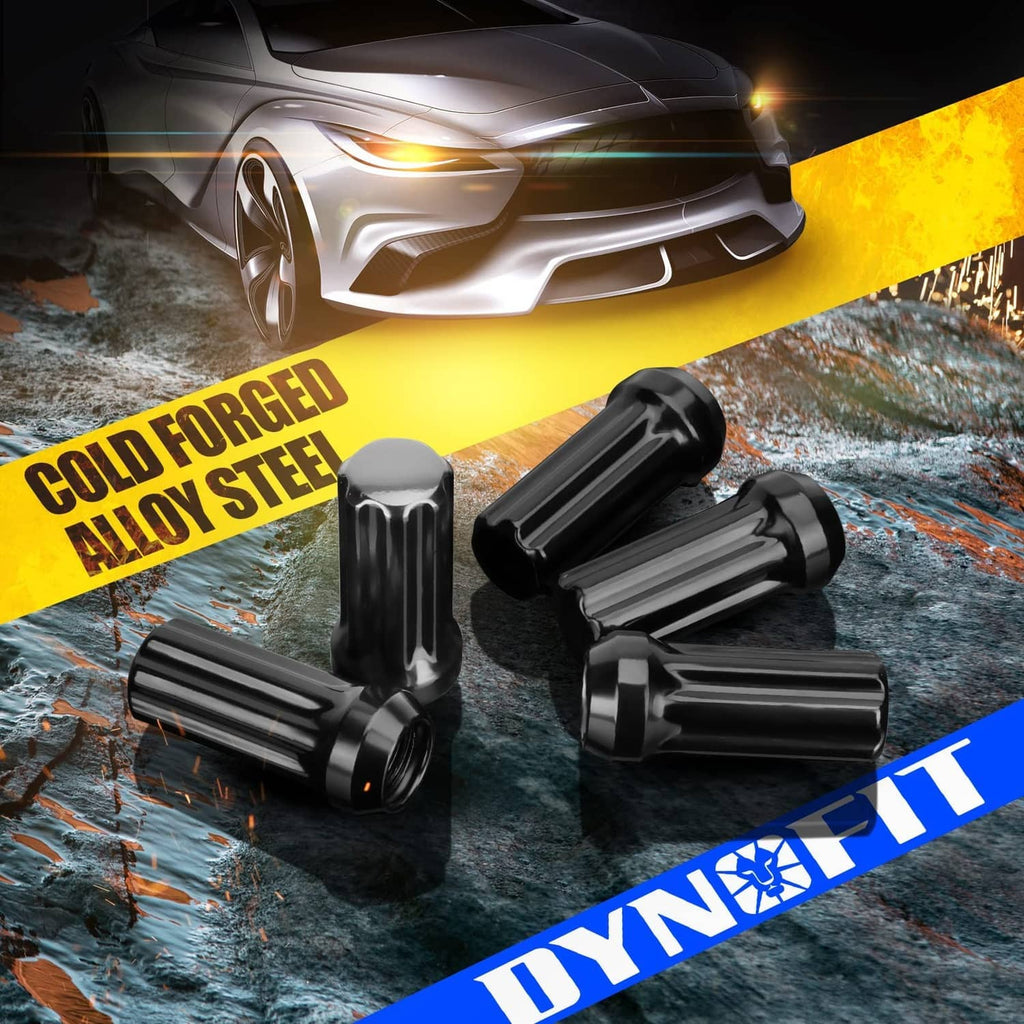 Black cold-forged alloy steel lug nuts, Dynofit branding