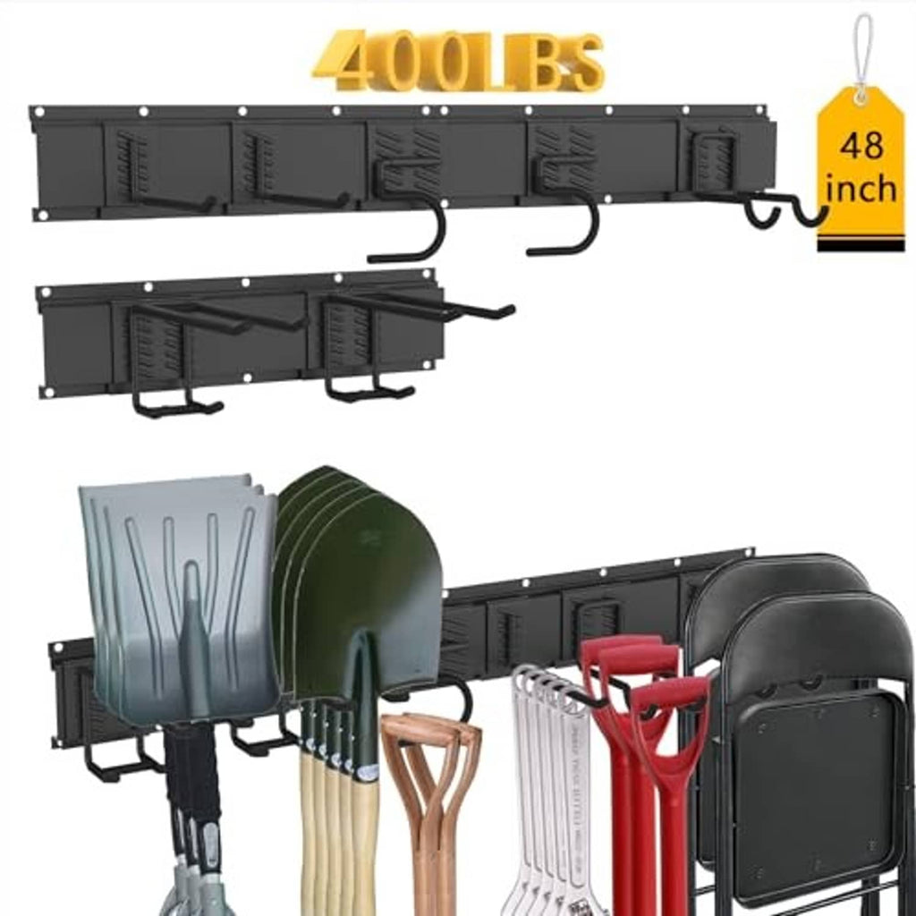 Black wall-mounted tool organizer rack with storage bins, curved hooks, and end pouch