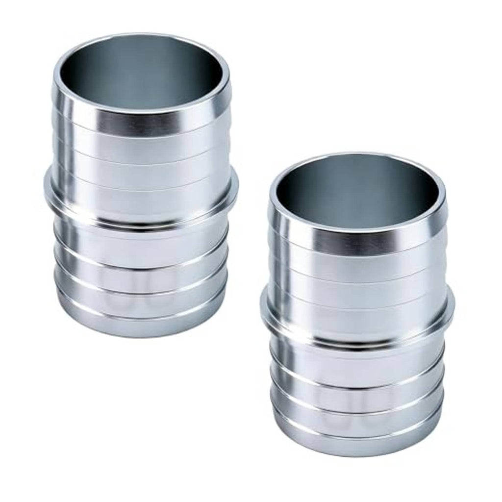 Two aluminum hose barb splice coupler fittings with ribbed sleeves and dark interiors