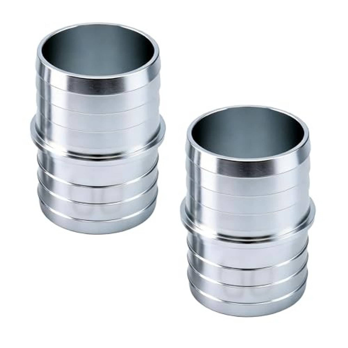 Two aluminum hose barb splice coupler fittings with ribbed sleeves and dark interiors
