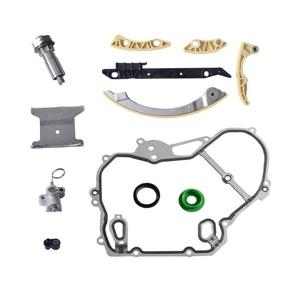 Timing chain kit with water pump parts layout: pump, gaskets, rails, guides, chain elements