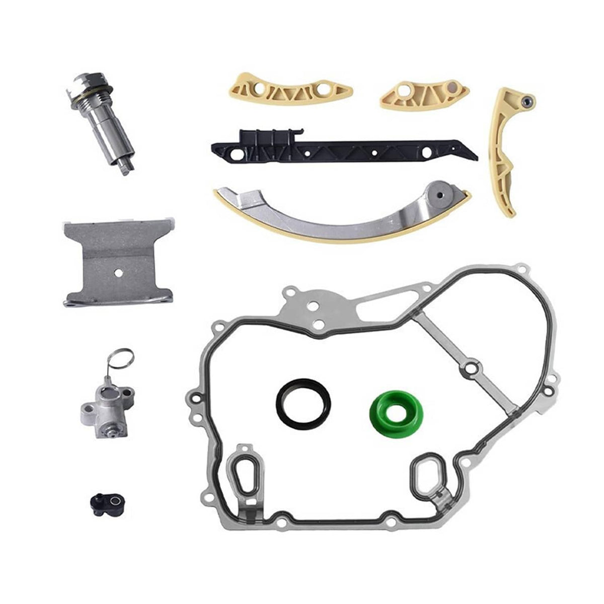 Timing chain kit with water pump parts layout: pump, gaskets, rails, guides, chain elements