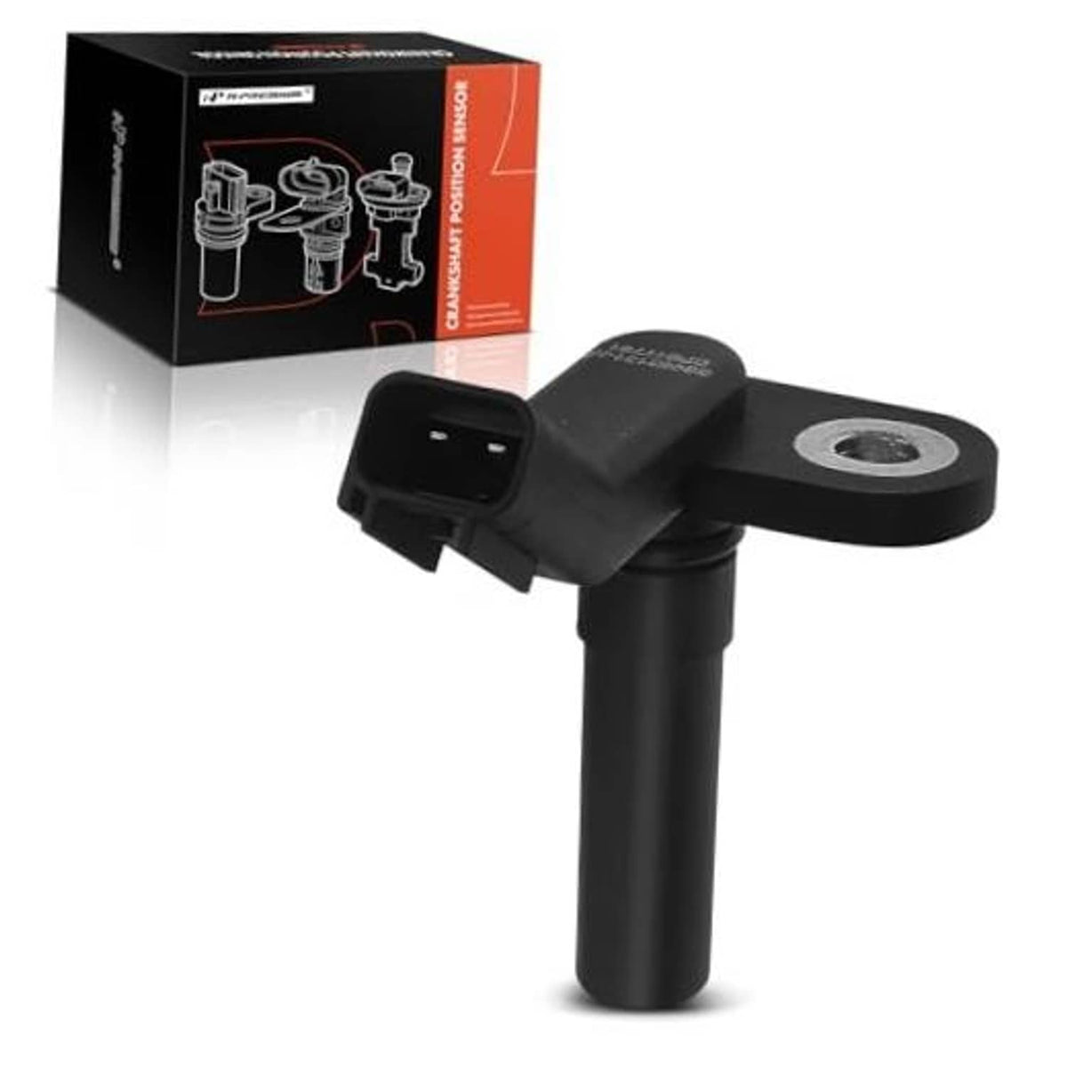 Black crankshaft position sensor with mounting bracket and 2-pin electrical plug