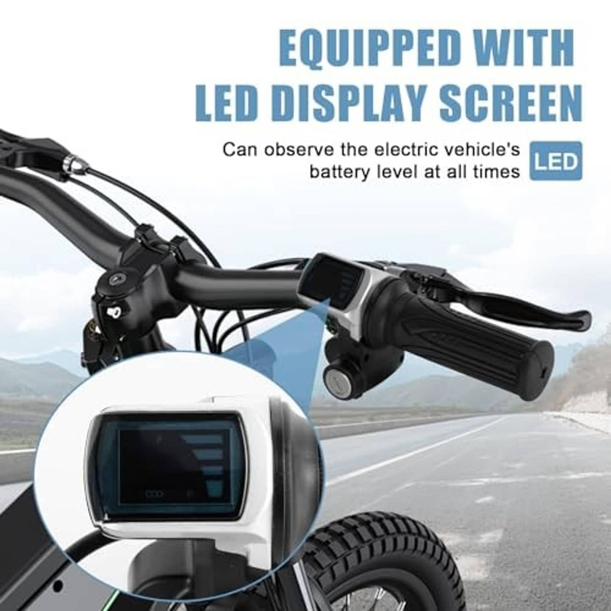 Half-twist throttle with LED display screen on black grip, with handlebar wiring