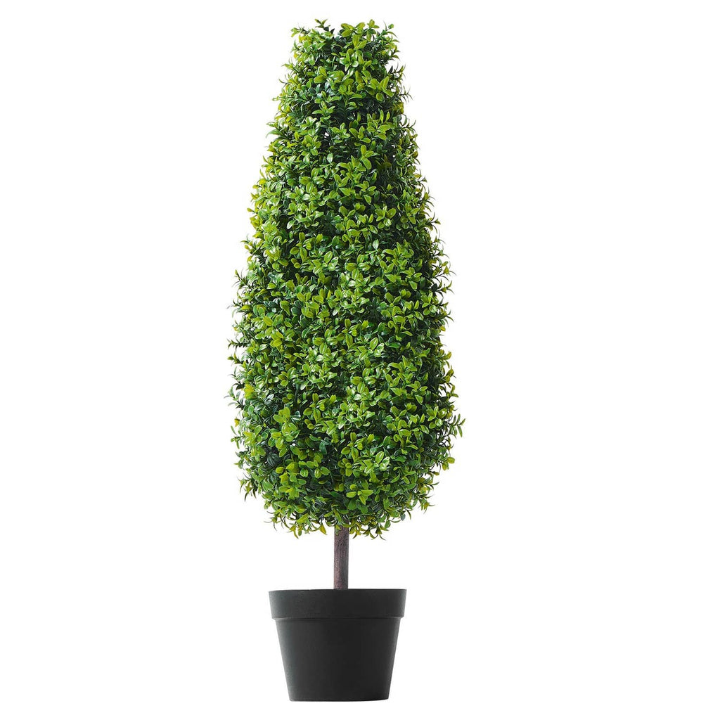 Artificial boxwood topiary tree with bright green dense foliage in a black pot