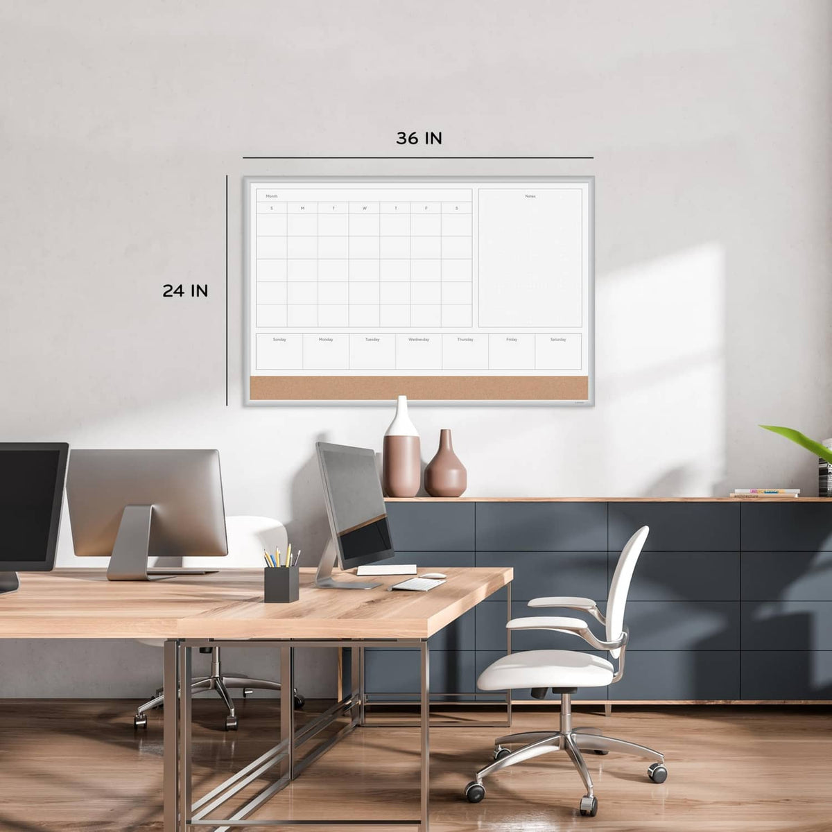 Silver-framed magnetic dry-erase calendar whiteboard with grid and notes section