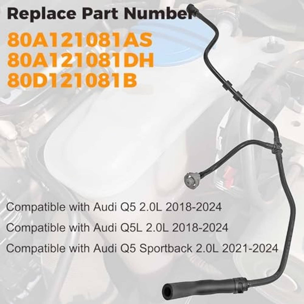 Radiator coolant reservoir tank hose with black rubber line and metal fitting