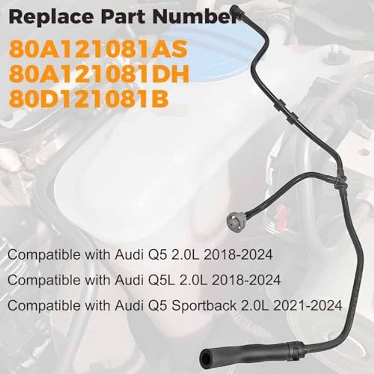 Radiator coolant reservoir tank hose with black rubber line and metal fitting