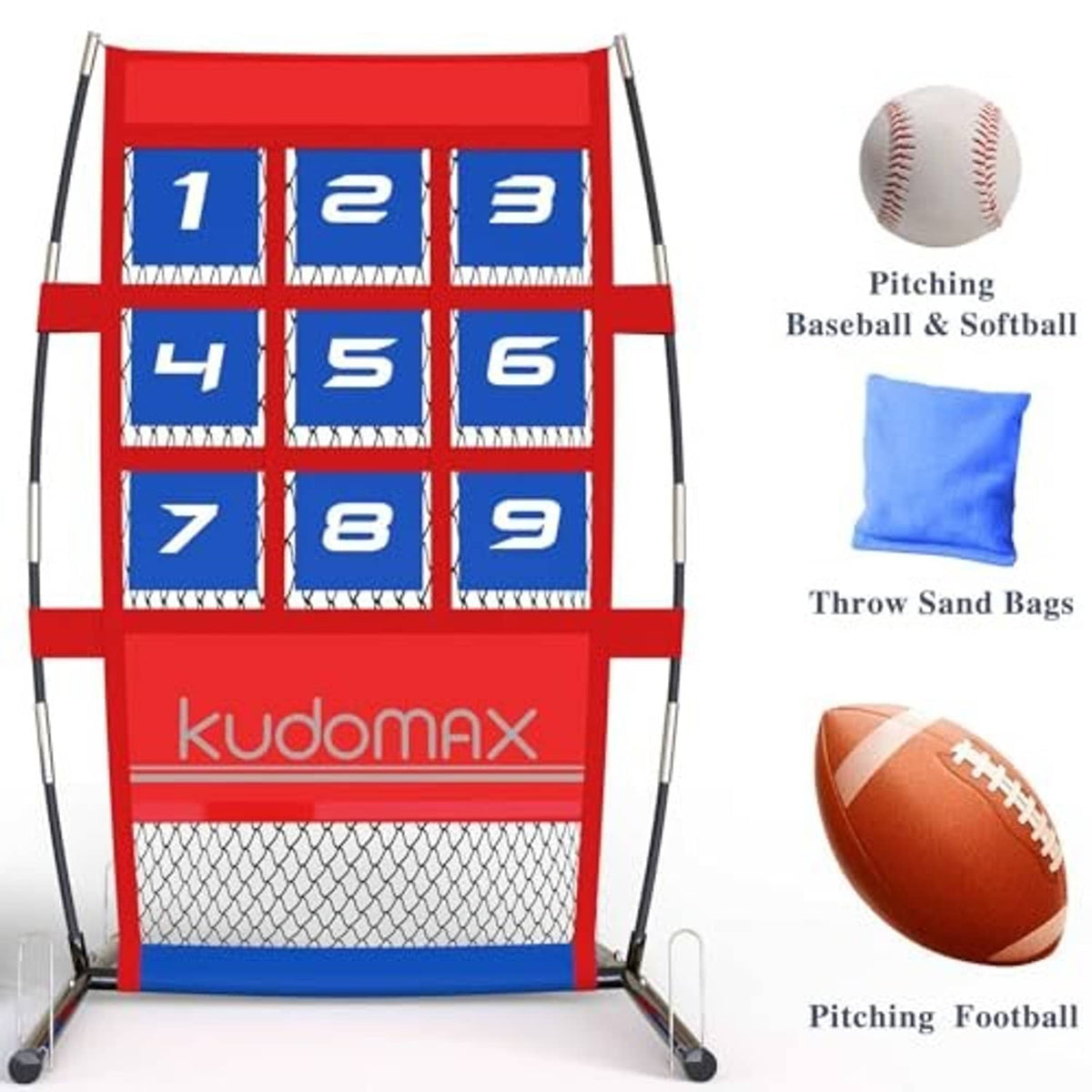 Baseball pitching target net with red frame and blue 1–9 numbered pockets, with training balls