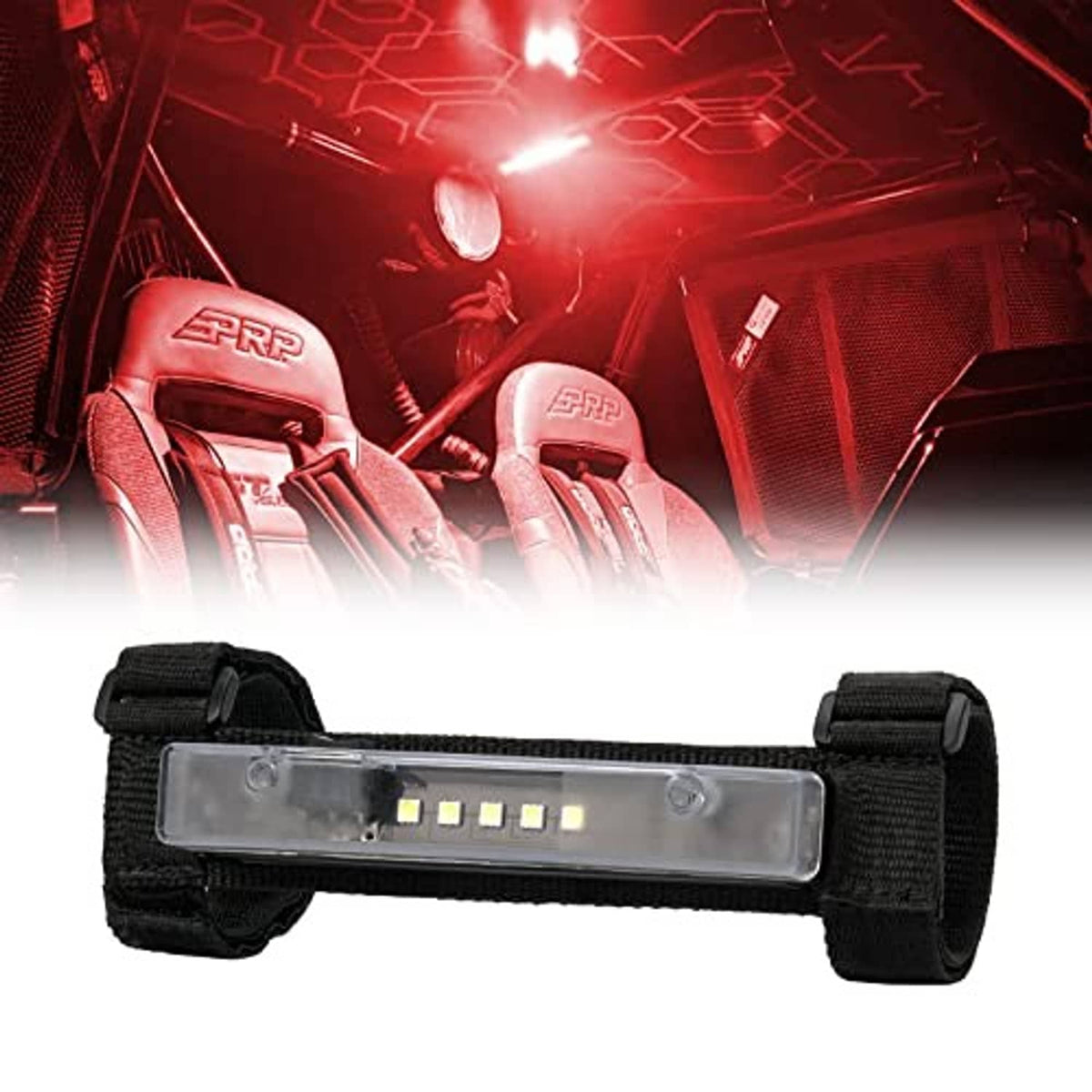 Universal roll bar LED interior light with clear light bar and black adjustable straps
