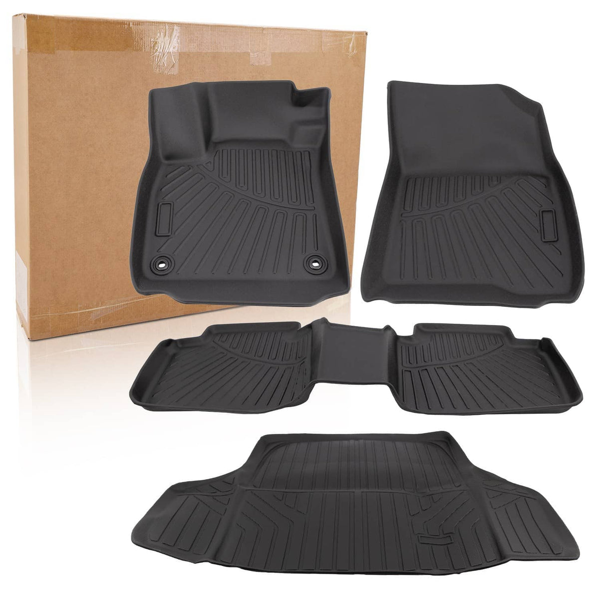 Black 4-piece car floor mats and cargo liner set with raised textured grip